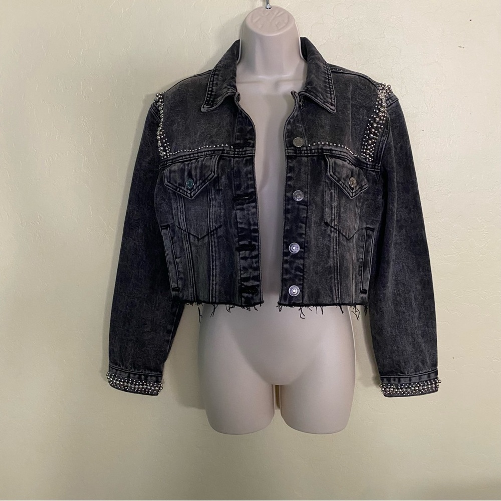 Forever 21 Premium Black Distressed Denim Studded Jacket Size S - Picture 8 of 16